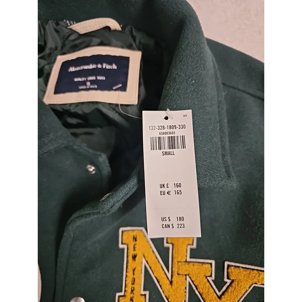 ABERCROMBIE & FITCH VARSITY BOMBER JACKET COAT GREEN WHITE MENS SIZE S New